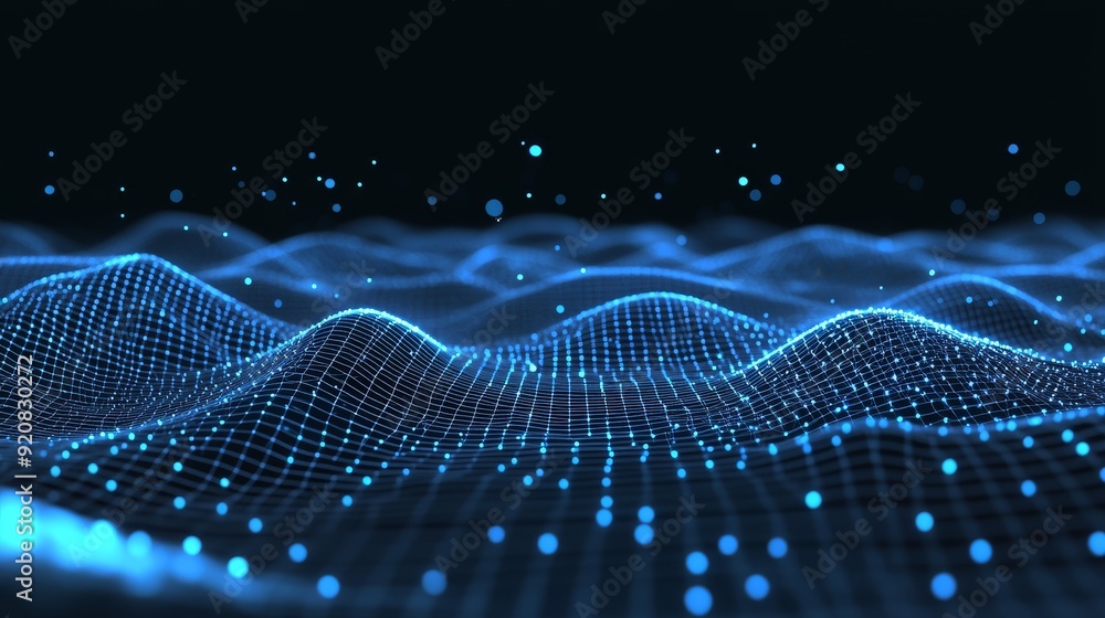 Poster cybernetic particles, low poly mesh, flow, and wave. abstract polygonal low poly wave background wit