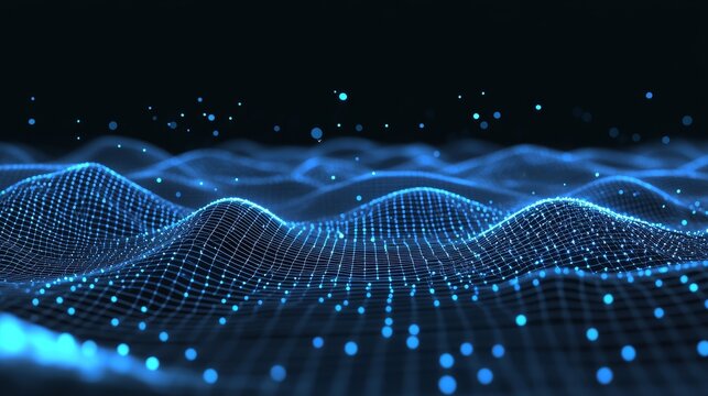 Cybernetic particles, low poly mesh, flow, and wave. Abstract polygonal low poly wave background with connecting dots. 3D rendering.