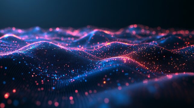 Data visualization. Cybernetic particles. Low poly mesh. Flow. Wave. Abstract polygonal low poly wave background with connecting lines and dots. 3D rendering.