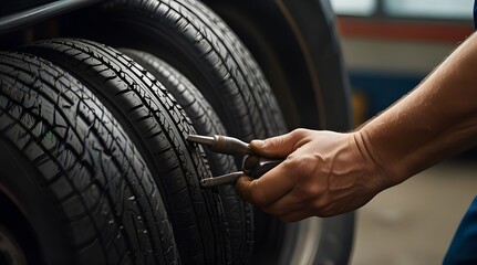 Hands of an auto mechanic worker with car tire using vulcanizing tool.generative.ai