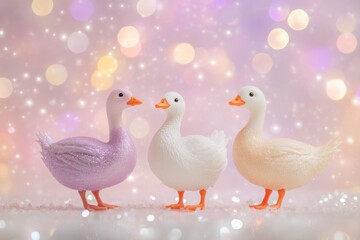 Three colorful toy ducks on a soft, sparkling background. Banner, background for children's parties, playful events, baby showers, spring celebrations