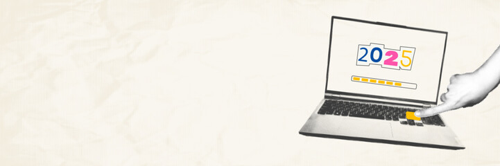 2025 start of New Year art collage. Halftone hand press enter on laptop for New year beginning loading. Modern retro vector illustration isolated on crumpled paper background with copy space