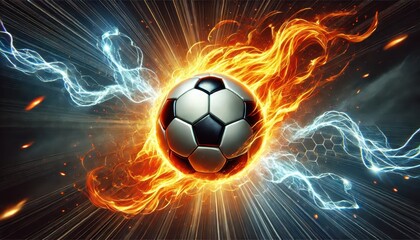 Soccer Ball in Flames: A fiery, energetic and passionate depiction of a soccer ball engulfed in flames, symbolizing the intensity and passion of the sport