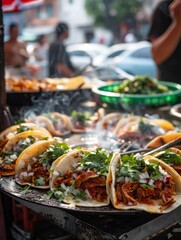 A traditional Mexican taco stand with handmade corn tortillas with a bustling street market in the background. Mexican food