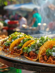 A traditional Mexican taco stand with handmade corn tortillas with a bustling street market in the background. Mexican food