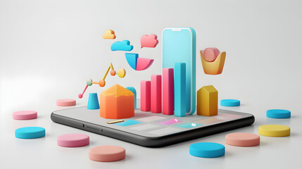 3D Flat Icon Phone with Savings Tracker App Display   Isolated White Background