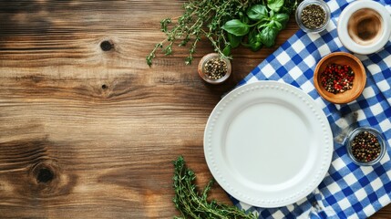 Fototapeta premium Top view of beige wooden table with a blue and white checkered cloth, plates, spices and herbs on it. Summer picnic or family dinner concept. 