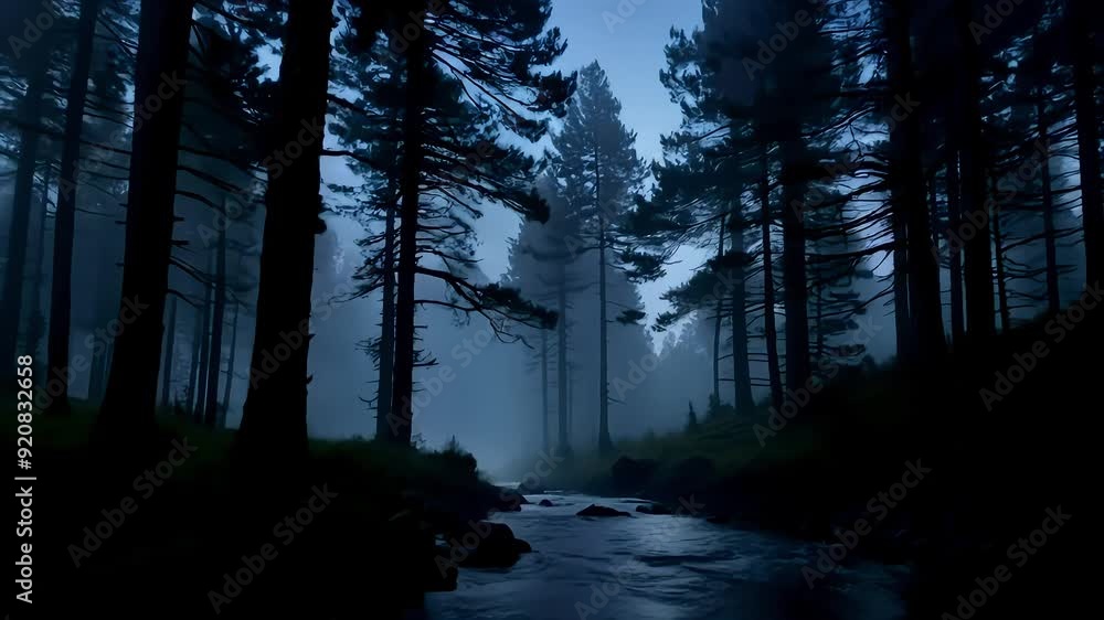 Poster a tranquil river flows through a misty forest surrounded by towering trees as dawn breaks, creating 