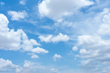 Bright blue sky with fluffy white clouds on a clear summer
