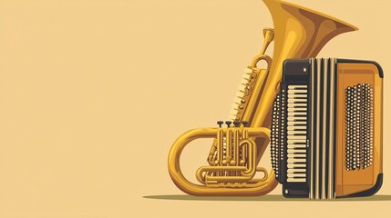 Bavarian music instruments, accordion and tuba, Oktoberfest theme, flat design illustration
