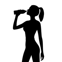 Silhouette of a fit woman drinking  a bottle of water. vector illustration