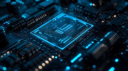 Fototapeta premium Cyberpunk circuit board, AI chip, blue neon glow, intricate microprocessor details, futuristic technology, electric blue highlights, depth of field, dark background.