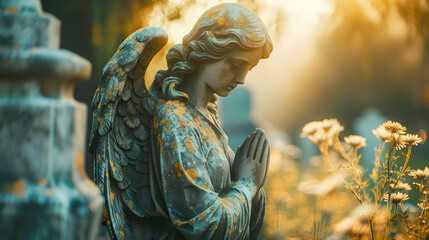 Fototapeta premium Image with background and place for caption and fragment of tragic sad angel statue at the cemetery. Funeral ceremony