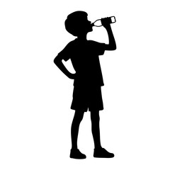 Silhouette of a boy drinking  a bottle of water. vector illustration