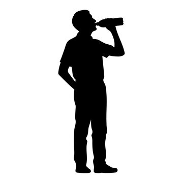 recommend clip art: Silhouette of a man drinking  a bottle of water. vector illustration