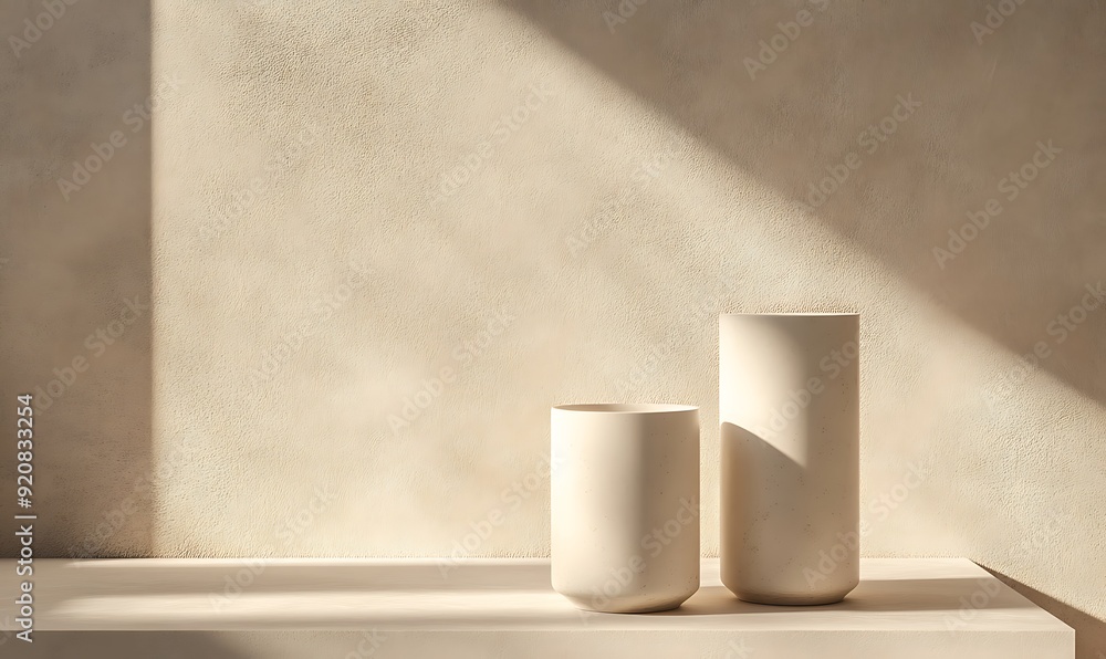 Poster 3d rendering of a product display with smooth ceramic surface on a textured beige background