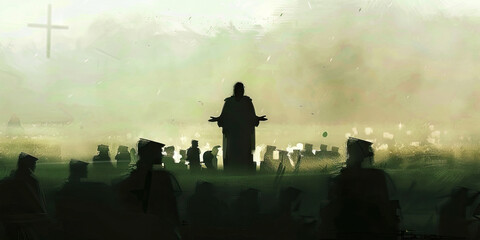 Painting of Jesus preaching to a crowd of followers