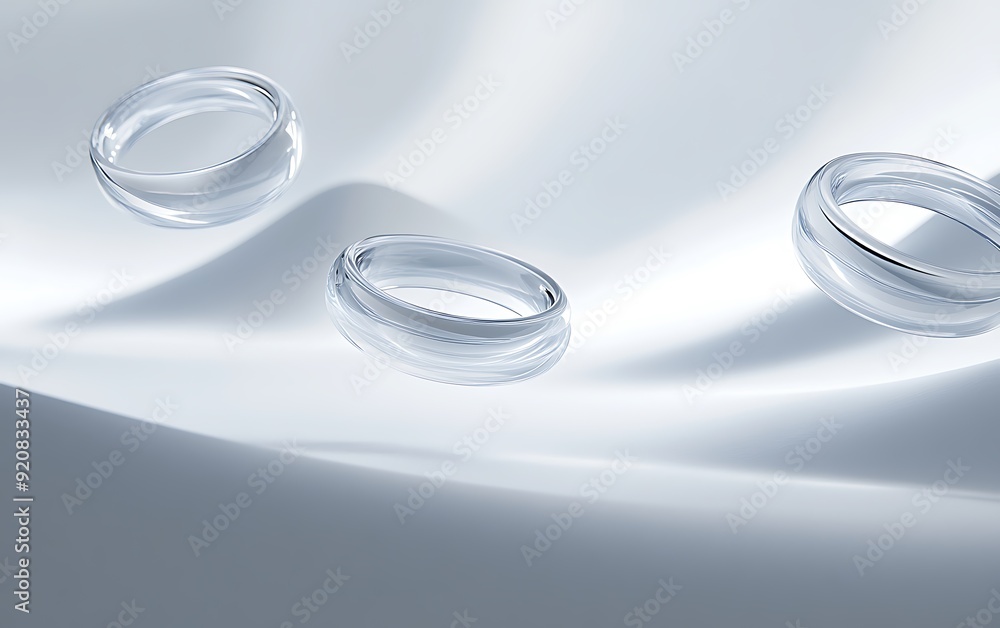 Poster 3d illustration of futuristic metallic rings floating in a soft white void