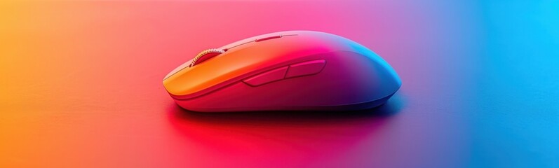 Brightly colored computer mouse on a colorful surface with a blurry background, Banner, Copy space