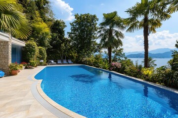 Luxurious poolside with palm trees, lush greenery, and serene lake under a clear blue sky