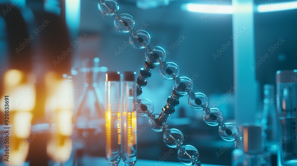 Poster laboratory setup showcasing molecular structures and experiments in a modern research facility durin
