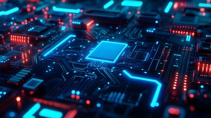 Fototapeta premium Cyberpunk circuit board, AI chip, blue neon glow, intricate microprocessor details, futuristic technology, electric blue highlights, depth of field, dark background.