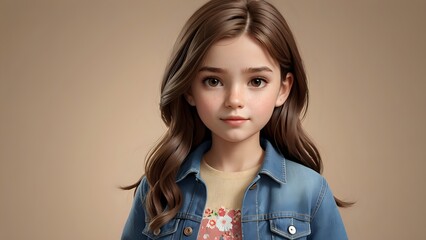 Fototapeta premium Portrait of a young girl with brown hair and blue eyes, wearing a denim jacket.
