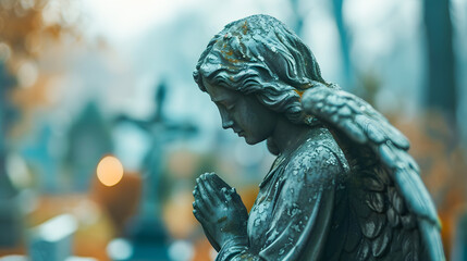 Obraz premium Image with background and place for caption and fragment of tragic sad angel statue at the cemetery. Funeral ceremony
