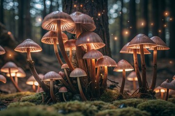 Fototapeta premium Poisonous mushrooms. Toadstools. Hallucinogenic mushrooms. Glowing mushrooms. An image to illustrate themes related to nature, fantasy, fairy tales and magic.