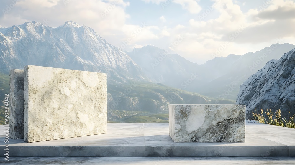 Aufkleber 3D Rendering of Stone Slabs with Rough Textures Against a Mountain Landscape