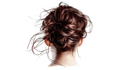 Naklejka premium Alluring Messy Bun with Wispy Tendrils Framing the Face on White Background