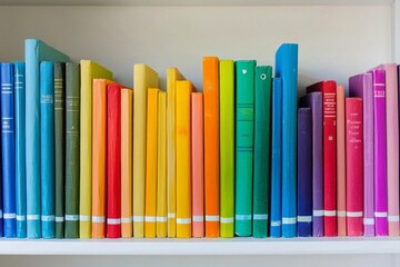 Fototapeta premium A stack of perfectly aligned rainbow-colored books on a white shelf. 