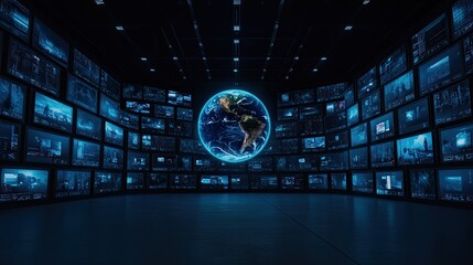 Various screens showcase diverse digital content surrounding a globe, providing a backdrop for communication and media engagement