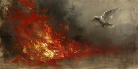 Fototapeta premium Holy spirit, Dove in flames. Digital painting of a dove flying in the air on a red fire background.