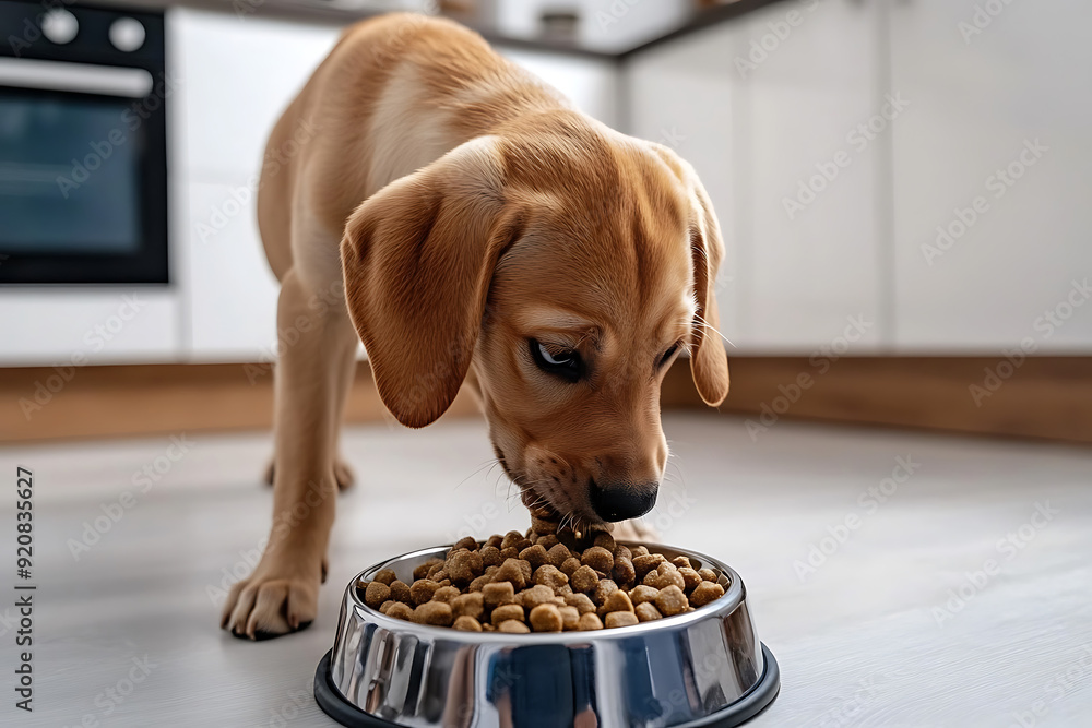 Wall mural domestic dog eating dry food from a bowl on interior home background	
