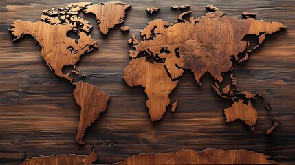 Carved Wooden World Map on Textured Backdrop for Decor and Travel Concept
