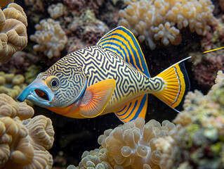 A fish with a blue mouth is swimming in a coral reef. The fish is surrounded by many different types of coral and other sea creatures. The scene is vibrant and colorful