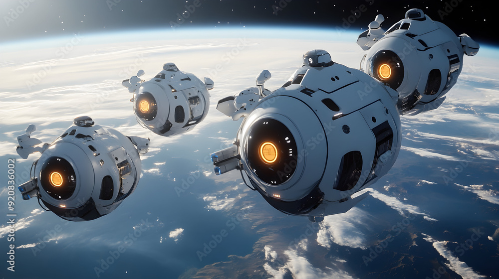 Poster next-generation ai-powered space station orbiting earth, with robotic maintenance drones and advance