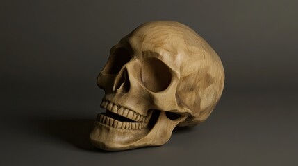 Obraz premium Realistic Wooden Skull Carved With Fine Details, Displaying a Side Profile View