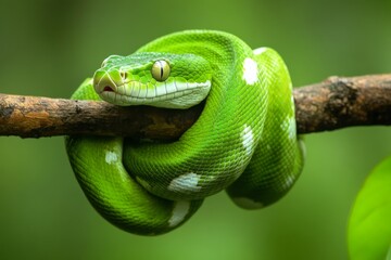 Fototapeta premium a bright green snake on the branch