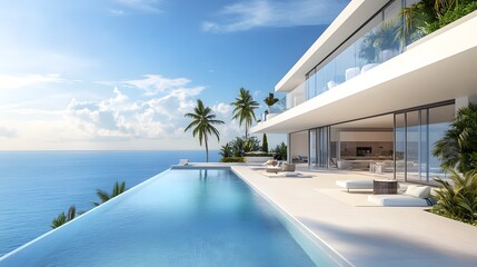 Obraz premium Luxurious Mediterranean villa, infinity pool overlooking ocean, pristine white architecture, azure blue sky with fluffy white clouds, palm trees, panoramic sea view, sunlit terrace, modern outdoor fur