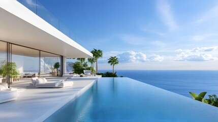 Fototapeta premium Luxurious Mediterranean villa, infinity pool overlooking ocean, pristine white architecture, azure blue sky with fluffy white clouds, palm trees, panoramic sea view, sunlit terrace, modern outdoor fur