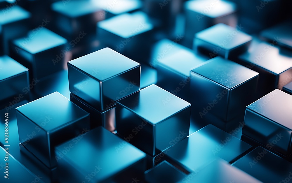Poster 3d illustration of smooth metal cubes with brushed surfaces in dynamic composition
