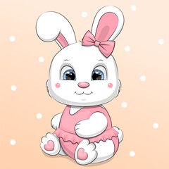 Cute cartoon white bunny with pink bow and clothes. Vector illustration of an animal.