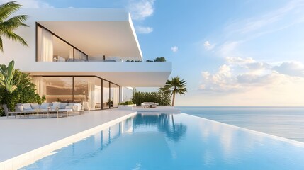 Fototapeta premium Luxurious Mediterranean villa, infinity pool overlooking ocean, pristine white architecture, azure blue sky with fluffy white clouds, palm trees, panoramic sea view, sunlit terrace, modern outdoor fur