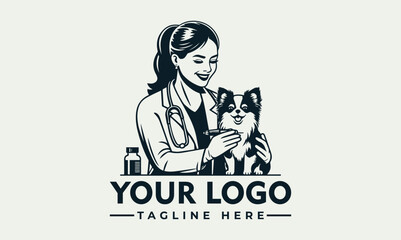 Female veterinarian examining small dog with stethoscope vector logo Female vet examines small dog with stethoscope. Perfect for veterinary clinic promotions, pet healthcare articles, and educational 