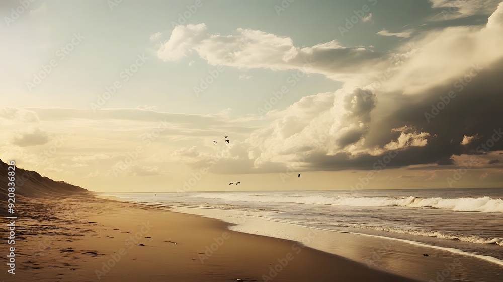 Canvas Prints A sandy beach with blue ocean and white clouds