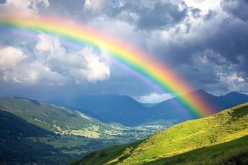 A vibrant rainbow emerging from dark clouds over a lush, green valley. 