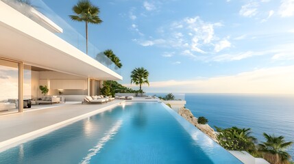 Fototapeta premium Luxurious Mediterranean villa, infinity pool overlooking ocean, pristine white architecture, azure blue sky with fluffy white clouds, palm trees, panoramic sea view, sunlit terrace, modern outdoor fur