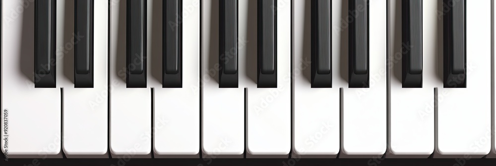 Poster close-up view of piano keys highlighting black and white keys in a well-lit music studio